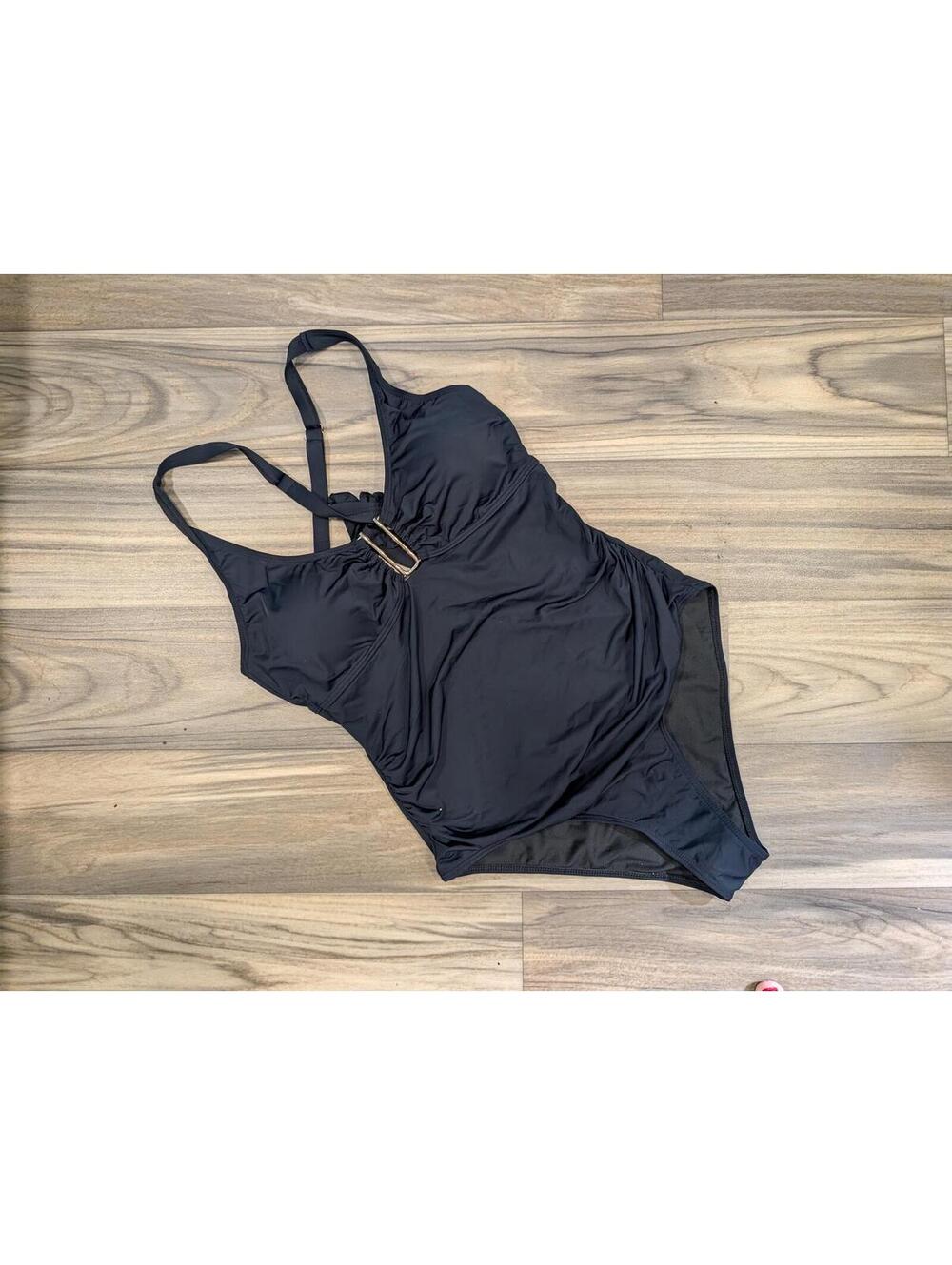 Large Black One-Piece Swimsuit with Adjustable Straps and Front Buckle Detail